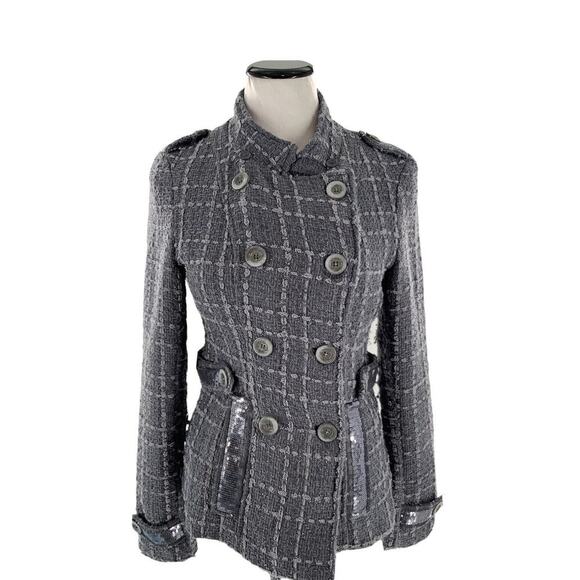 BKE Womens Silver Gray Double Breasted Sparkle Sequin Military Style Jacket S - Picture 1 of 9